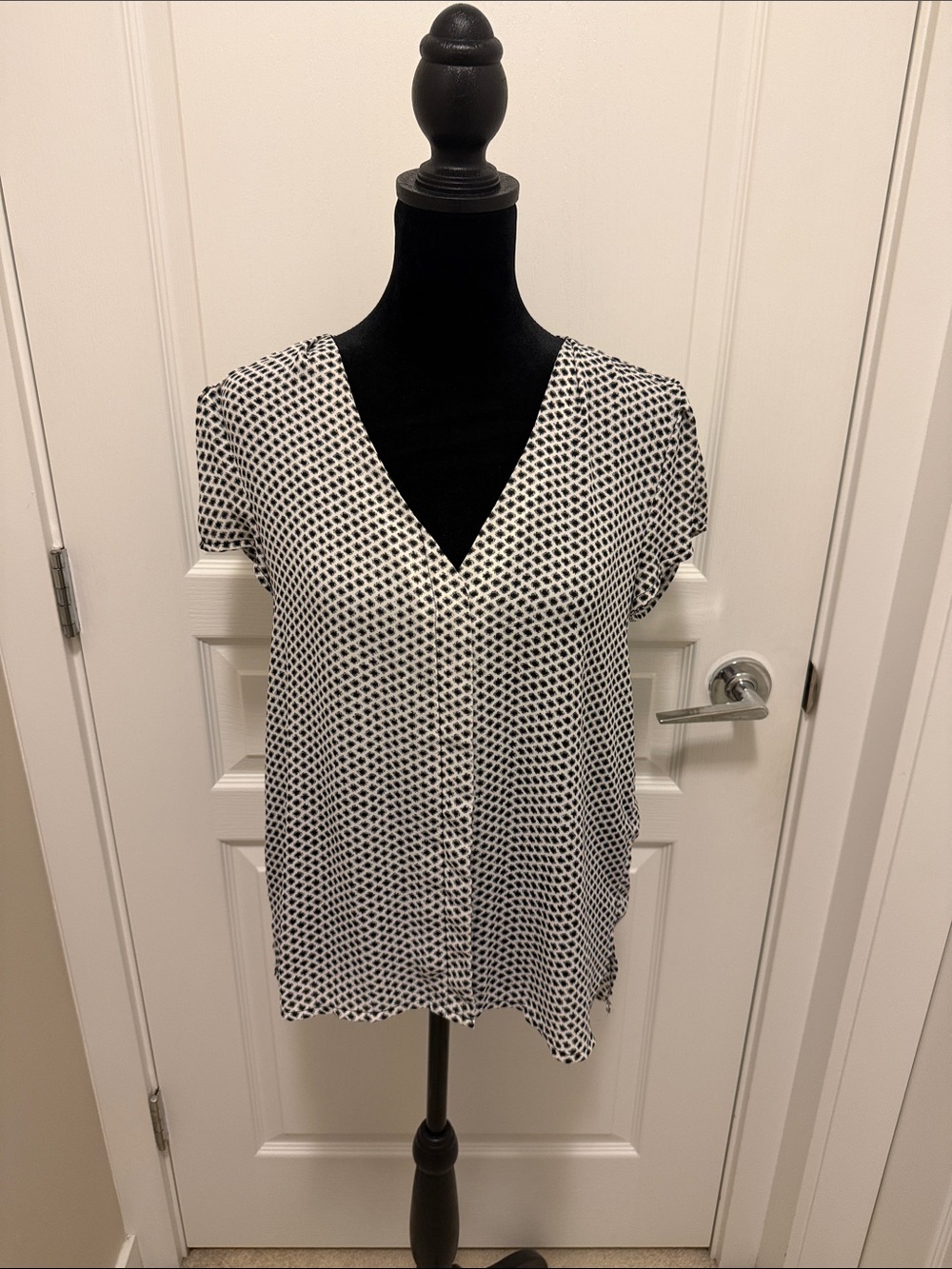 H&M Black and White Dot-Print V-Neck Blouse